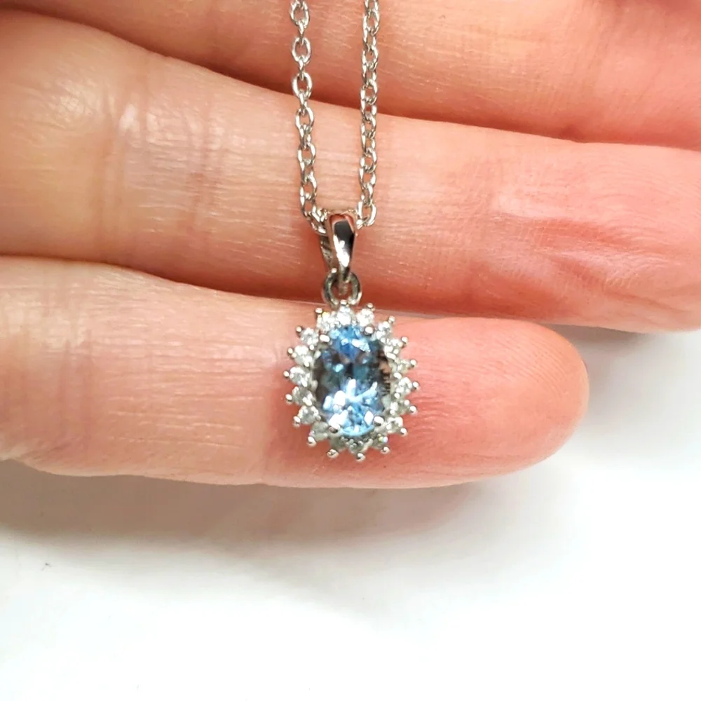 Aquamarine Halo Ring & Necklace Set Sterling Silver Platinum NWT 7